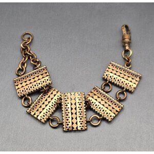 VTG Solid Copper Panel Link Bracelet 7" Geometric Cutout Designs Hook Clasp 50s